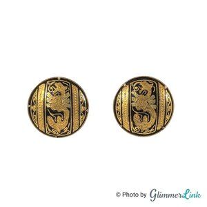Vintage Damascene Dragon Round Button Gold Tone Clip On Earrings